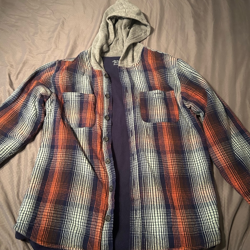 Kids Plaid Hooded Jacket - Orange and Blue